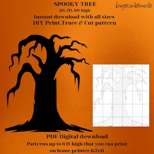 May include: A black silhouette of a spooky tree with gnarled branches against an orange background. Text includes "SPOOKY TREE" and size options of 4ft, 5ft, and 6ft high. The image also includes a DIY pattern for printing.