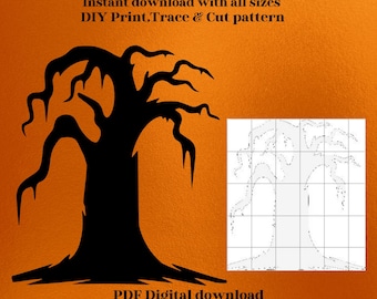 May include: A black silhouette of a spooky tree with gnarled branches against an orange background. Text includes "SPOOKY TREE" and size options of 4ft, 5ft, and 6ft high. The image also includes a DIY pattern for printing.