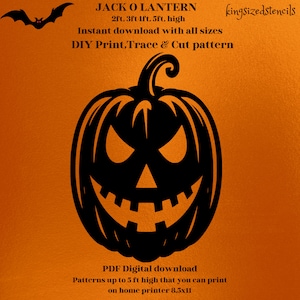 May include: Black and white printable Jack-o'-lantern stencil. The stencil is designed to be cut out and used for decorating. The stencil is available in sizes up to 5 feet high.  "kingsizedstencils" is printed in the top right corner of the image.  "PDF Digital download" is printed in the bottom center of the image.  "Patterns up to 5 ft high that you can print on home printer 8.5x11" is printed below the text "PDF Digital download".