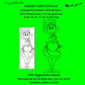 Gruñón verde navideño de 1 a 8 pies de alto, bordado, exhibición de arte de jardín, carpintería, plantilla de plantilla de silueta imprimible, recorte de trazado PDF