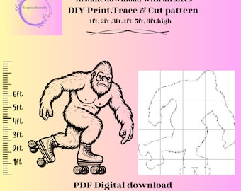 May include: A black and white illustration of a bigfoot on roller skates. The image includes a ruler showing measurements up to 183 cm high. Text reads "bigfoot rollerskating" and "DIY Print, Trace & Cut pattern".