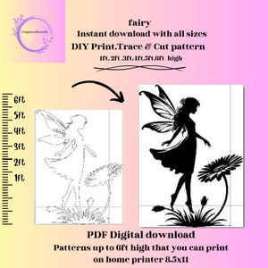 Peut inclure: Une silhouette noire et blanche d'une fée avec des ailes debout à côté d'une fleur. L'image est un motif imprimable pour un projet de bricolage. Le motif est disponible en tailles de 1 à 6 pieds de haut.