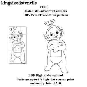 Pode incluir: Desenho a traço preto e branco de um personagem Teletubbies com os braços cruzados, ao lado de uma imagem semelhante em grade do mesmo personagem. O texto inclui "TELE", "Download instantâneo" e "Padrão DIY para impressão, rastreamento e corte".