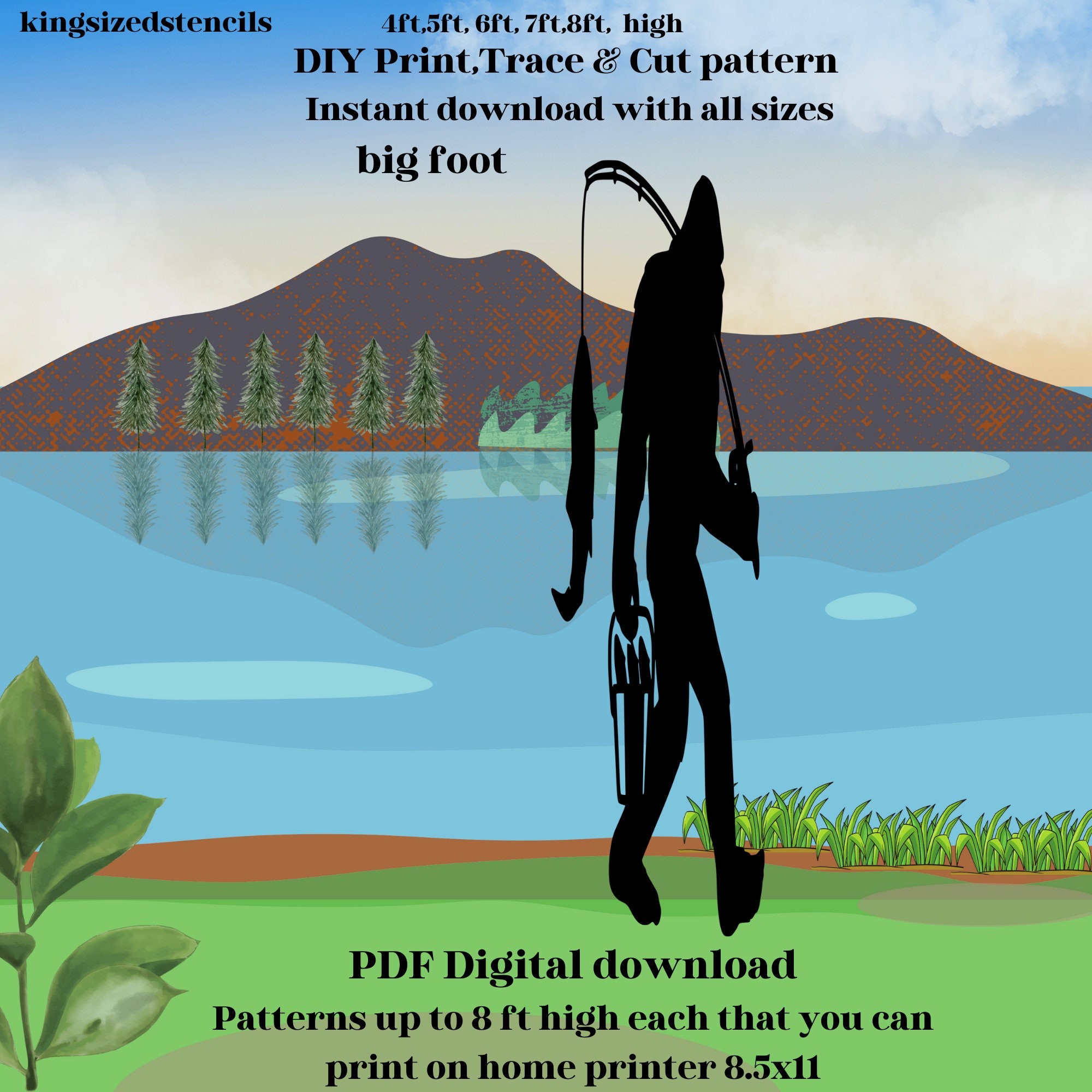 4ft to 8ft Bigfoot Fishing Pole ,party Backdrop, Yard Art, Wall Decor,  Decal, Yeti, Silhouette Stencil Template, Printable Trace Cutout PDF. - Etsy