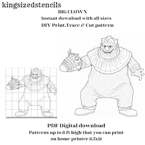 Peut inclure: Téléchargement numérique en noir et blanc d'une illustration de clown menaçant. L'image comprend le texte "BIG CLOWN" et "DIY Print, Trace & Cut pattern". Le clown a un sourire sinistre et tient un appareil futuriste. L'image comprend également une version quadrillée plus petite du clown.