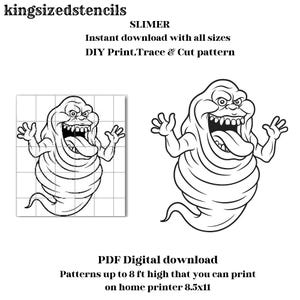 Peut inclure: Téléchargement numérique en noir et blanc d'un motif de Slimer de Ghostbusters. L'image comprend deux illustrations de Slimer, dont une avec une grille. Le texte indique "Téléchargement instantané avec toutes les tailles" et "DIY Print, Trace & Cut pattern."
