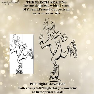 Patinaje navideño de gruñón de 2 a 6 pies de alto, arte de jardín, patrón, telón de fondo, fiesta, calcomanía, plantilla de plantilla de silueta, recorte de trazado imprimible en PDF