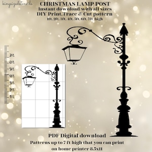 以下が含まれることがあります： 装飾的なデザインのクリスマス街灯の黒いシルエット。画像には「CHRISTMAS LAMP POST」と「DIY Print、Trace & Cut pattern」のテキストが含まれており、高さは最大213 cmです。 PDFデジタルダウンロード。