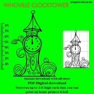 1ft to8ft high Christmas clock tower, village, woodworking, yard art display, Silhouette Stencil Template Printable Trace Cutout PDF digital