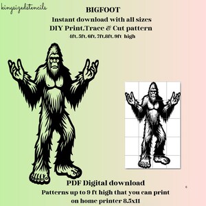 May include: Black and white silhouette of Bigfoot standing with arms raised.  DIY print, trace and cut pattern for Bigfoot.  Instant download with all sizes: 4ft, 5ft, 6ft, 7ft, 8ft, 9ft high.  PDF digital download.  Patterns up to 9 ft high that you can print on a home printer 8.5x11.