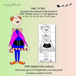 Peut inclure: Motif numérique téléchargeable d'un personnage de dessin animé nommé "Mr. Who" tenant un sucre d'orge. Le personnage porte une veste rose, un pantalon bleu et un nœud papillon orange. Le motif est disponible jusqu'à 244 cm de haut.
