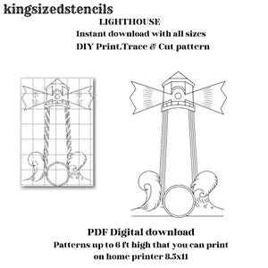Könnte beinhalten: Schwarz-weiße Strichzeichnung eines Leuchtturm-Designs. Das Bild enthält den Text "LIGHTHOUSE", "Sofortiger Download mit allen Größen" und "DIY Print, Trace & Cut pattern". Das Design ist ein PDF-Digital-Download, mit Mustern bis zu 183 cm hoch.