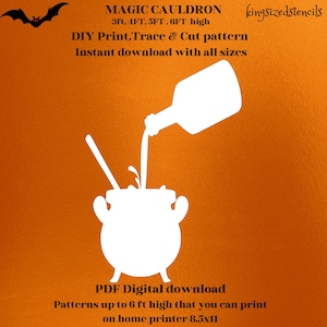 Może przedstawiać: Biała sylwetka kotła, do którego wlewa się eliksir z butelki. Obrazek jest na pomarańczowym tle z tekstem "MAGIC CAULDRON 3ft. 4FT, 5FT, 6FT high DIY Print, Trace & Cut pattern Instant download with all sizes kingsizedstencils PDF Digital download Patterns up to 6 ft high that you can print on home printer 8.5x11".