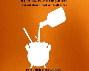 May include: A white silhouette of a cauldron with a potion being poured into it from a bottle. The image is on an orange background with the text "MAGIC CAULDRON 3ft. 4FT, 5FT, 6FT high DIY Print, Trace & Cut pattern Instant download with all sizes kingsizedstencils PDF Digital download Patterns up to 6 ft high that you can print on home printer 8.5x11".