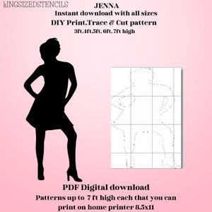 Peut inclure: Silhouette noire d'une femme en robe et talons, avec un contour quadrillé. Le texte indique "JENNA" et "DIY Print, Trace & Cut pattern" avec des tailles jusqu'à 2,13 m de haut. L'image est un téléchargement numérique PDF.