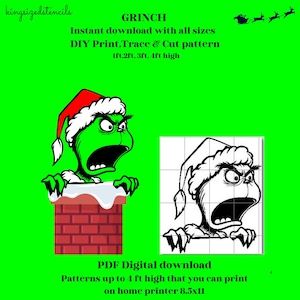 Gruñón verde navideño de 1 a 4 pies de alto, Papá Noel, calcomanía, exhibición de arte de jardín, carpintería, plantilla de plantilla de silueta, PDF de calco imprimible