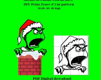 1ft to 4ft high Christmas green grump, Santa ,decal, yard art display, woodworking, Silhouette Stencil Template, Printable Trace Cutout PDF