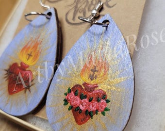 Hand-Painted Sacred and Immaculate Heart Earrings: Catholic Jewelry