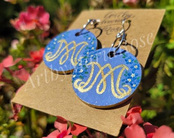 Hand-Painted Catholic Marian Earrings with Forget-Me-Not Flowers