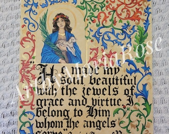 ORIGINAL Saint Agnes of Rome Illuminated Manuscript 11"x 14" Catholic Art