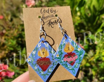 Hand-Painted Catholic Earrings: Sacred Heart and Immaculate Heart