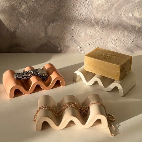 Wavy soap dish jewelry tray handmade modern gift gypsum concrete jesmonite