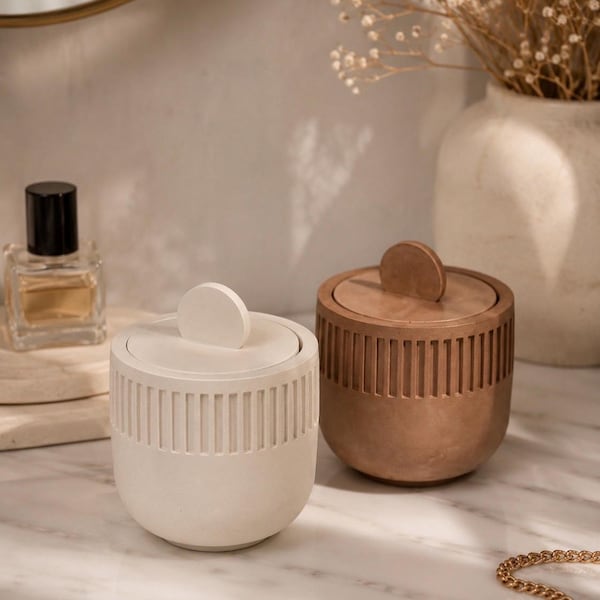 Ribbed Storage Jar with Lid, Bathroom Organizer, Cotton Ball Holder, Vanity Container, Jewelry Box, Concrete Canister, Modern Home Decor