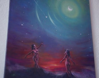 Oil painting. Naked maidens dancing at dawn. Mystical painting 50 by 60 centimeters. Main colors are blue and pink