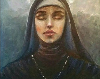 Oil portrait of a nun. Contemporary art. Beautiful nun with closed eyes. Oil painting 50x60 centimeters