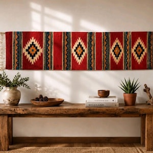 Vintage Handwoven Southwestern Wool Table Runner New Mexico Textile Rustic Santa Fe Boho Decor 76 x 16