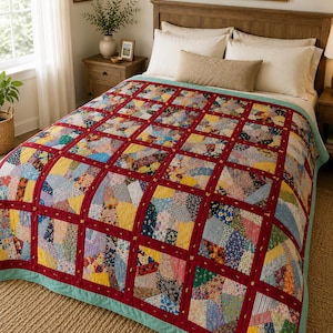 Signed 1977 Handmade Vintage Scrap Quilt | Large Hand Tied Patchwork Quilt | Folk Art Heirloom Bedding | 66x96 Memory Quilt by Mary