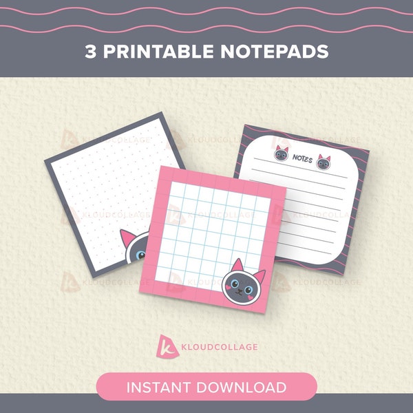 3 Printable Notepads, Siamese Cat, Memo Sheets, Instant Download, Kawaii Memo Pad, To-do lists, Cute Stationery, Digital Sticky Notes