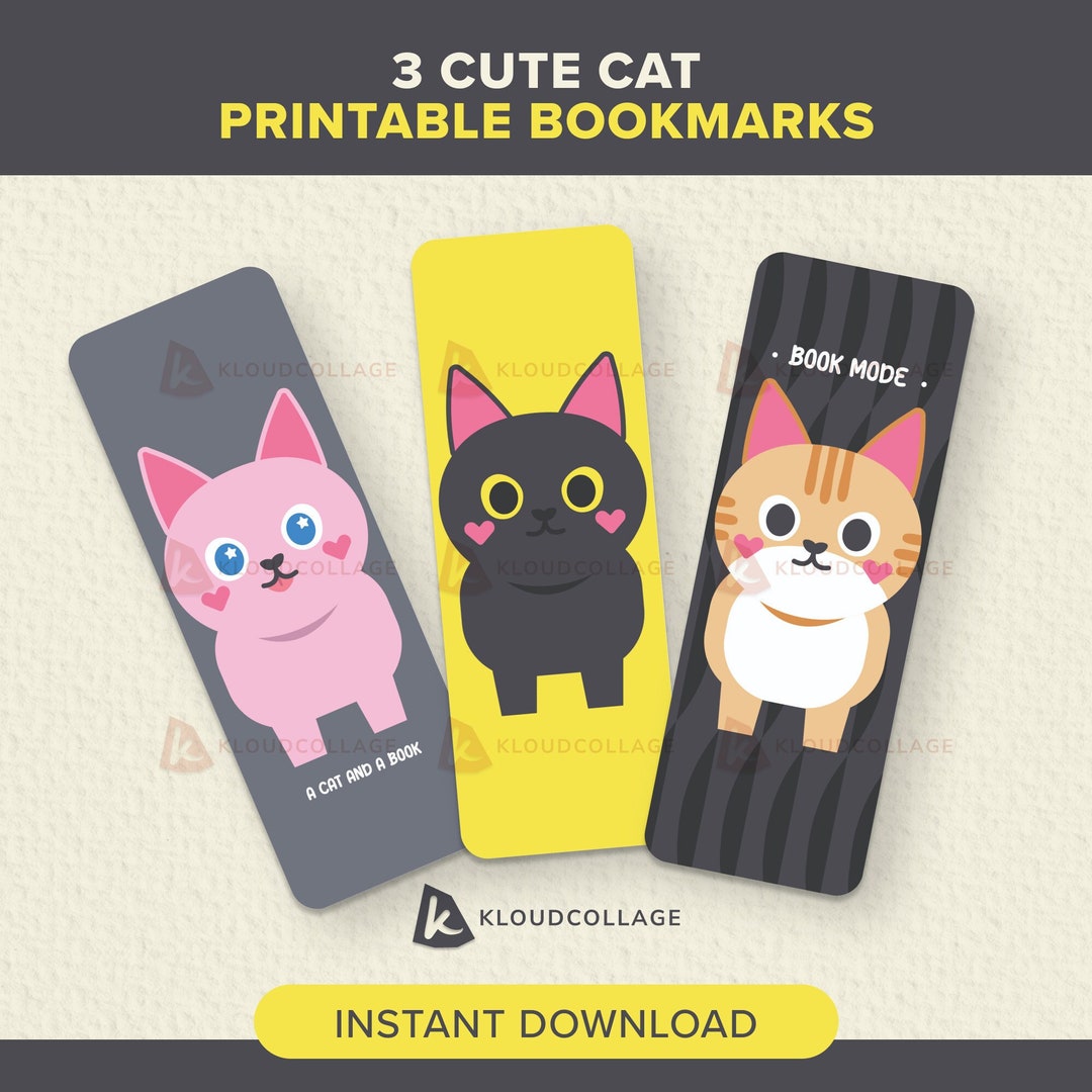 3 Cute Cat Bookmarks Set, Printable JPG Files, Instant Digital Download ...