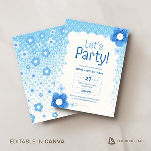 Modèle d'Invitation d'anniversaire gamer girl, pixel bleu marguerite florale fille de fleur kawaii, 18e anniversaire d'invitation, tout âge, bricolage modifiable sur Canva