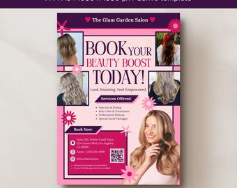 Beauty Salon Flyer Template, Customizable Pink Booking Flyer Layout, Hair Makeup Social Media Post, MUA Esthetician, DIY Editable in Canva
