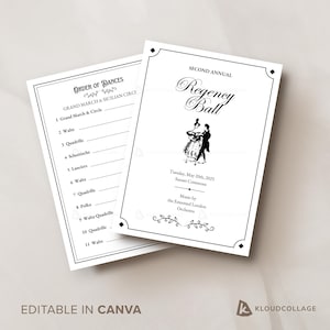 Kaartsjabloon baldans, vintage gemaskerd baldanskaart, klassiek dansfeest, debutant, schoolbal, regentschapsdanskaart, bewerkbaar in canva