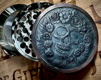 Skull & Roses 2.5in Custom Deep Engraved Grinder, Spice Grinder, Grinder, Metal Grinder, Engraved Grinder, Gifts for her and him, Cultural