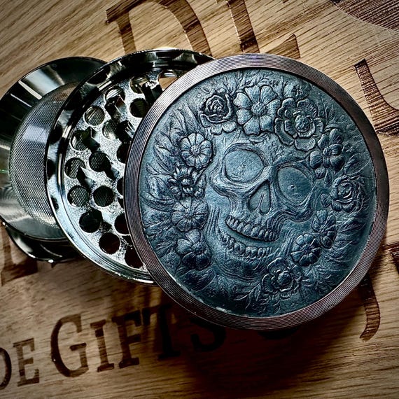skull tobacco grinder Skull & Roses Engraved Metal Grinder - 2.5in Custom Spice Grinder