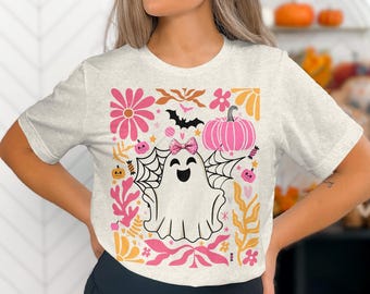 Boho Floral Pink Ghost PNG: Halloween Pumpkin Digital Download