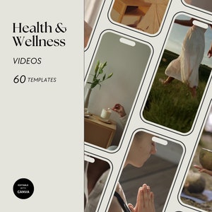 Könnte beinhalten: Eine Collage aus Bildern, die verschiedene Themen rund um Gesundheit und Wellness zeigen. Die Bilder zeigen eine Person beim Meditieren, eine Person beim Anzünden einer Kerze, eine Person beim Gehen auf einem Feld und eine Person beim Spielen einer Klangschale. Der Text "Health & Wellness" und "60 Templates" ist auf der Collage zu sehen.
