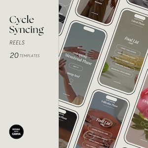 Puede incluir: Un conjunto de 20 plantillas de pantalla de teléfono personalizables para carretes de redes sociales. Las plantillas están diseñadas para ayudar a las personas a realizar un seguimiento de su ciclo menstrual y proporcionar información sobre la alimentación y el bienestar durante cada fase. Las plantillas presentan un diseño moderno y minimalista con una paleta de colores neutros.