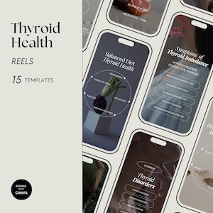 May include: A set of 15 Instagram story templates for social media marketing about thyroid health. The templates feature a modern design with black and white colour scheme and include text such as "Thyroid Health", "Balanced Diet Thyroid Health", "Symptoms of Thyroid Imbalance", "Hormone-Balance Herbs & Spices", and "Thyroid Disorders".