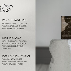 May include: A white background with three steps on how to use a digital product. Step 1: Pay & Download. Step 2: Edit in Canva. Step 3: Post on Instagram. A smartphone mockup is shown on a white stone surface.