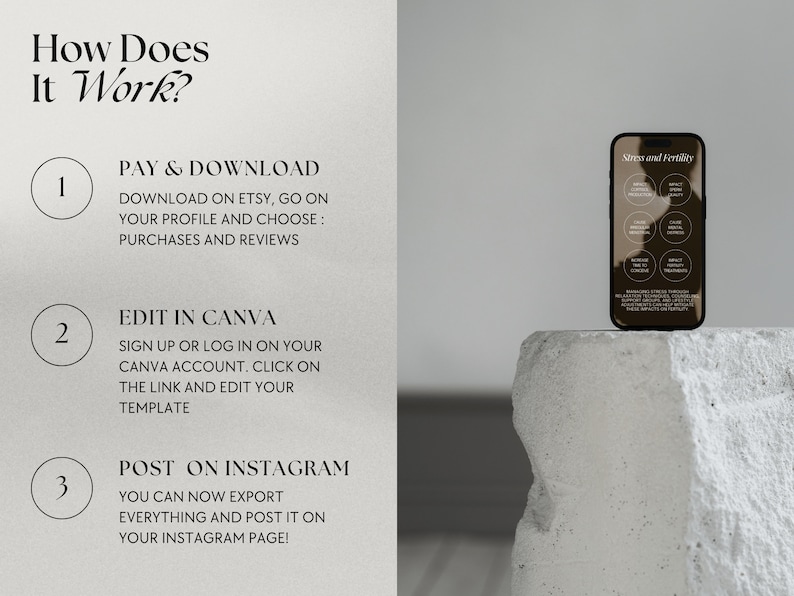 May include: A white background with three steps on how to use a digital product. Step 1: Pay & Download. Step 2: Edit in Canva. Step 3: Post on Instagram. A smartphone mockup is shown on a white stone surface.