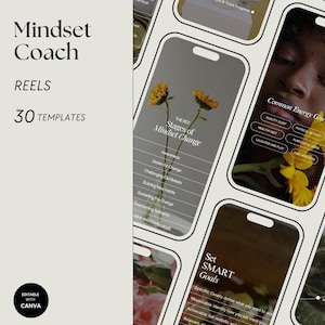 Könnte beinhalten: Ein Set mit 30 Instagram-Reel-Vorlagen für Mindset-Coaches. Die Vorlagen bieten eine Vielzahl von Designs mit floralen Akzenten und Textüberlagerungen. Der Text enthält Sätze wie "Momentum halten", "Die wichtigsten Phasen der Mindset-Veränderung", "Häufige Energiegeber", "Vorteile des positiven Denkens" und "SMART-Ziele setzen".