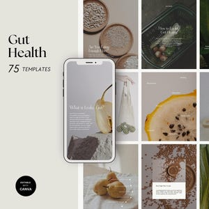 Puede incluir: Una colección de 75 plantillas de historias de Instagram para promover la salud intestinal. Las plantillas presentan una variedad de imágenes, que incluyen frutas, verduras y otros alimentos saludables. El texto en las plantillas incluye frases como "¿Qué es el intestino permeable?" y "Cómo comer para la salud intestinal".