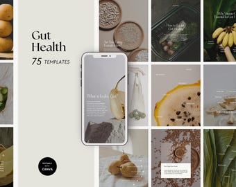 Gut Health Instagram Templates: Nutrition & Wellness Canva Social Media (75 Posts)