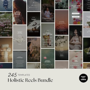 Könnte beinhalten: Eine Sammlung von 245 Vorlagen für ganzheitliche Reels, die verschiedene Wellness- und Selbstpflege-Themen behandeln. Die Vorlagen enthalten Text-Overlays und Grafiken in einer neutralen Farbpalette. Der Text "Holistic Reels Bundle" und "Editable with Canva".