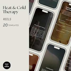 Puede incluir: Un collage de 20 plantillas de historias de Instagram para promocionar la terapia de calor y frío. Las plantillas presentan imágenes de saunas, baños de hielo y personas que disfrutan de los beneficios de la terapia de contraste. El texto en las plantillas incluye frases como "Terapia de calor y frío", "Mejores prácticas esenciales para el sauna", "¿Qué es la terapia de contraste?", "Sauna infrarroja para la salud de la piel y la producción de colágeno", y "Exposición al frío".
