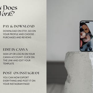May include: A white background with black text explaining how to use a digital template. The text reads "How Does It Work?" and includes three steps: "Pay & Download", "Edit in Canva", and "Post on Instagram". A smartphone mockup is shown on a white textured surface.